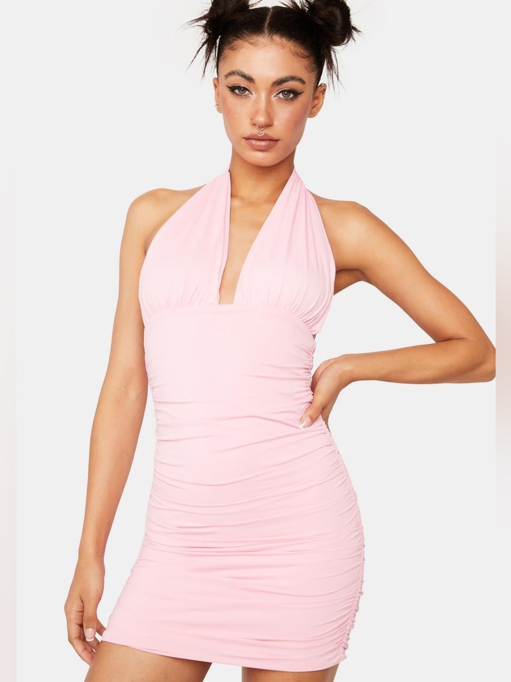 EDIKTED CASSIE GATHERED HALTER Mini DRESS in Light Pink medium